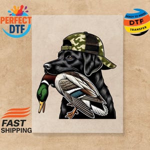 Hunting Dog DTF Transfer: Duck Camo Hat Design, Ready to Press