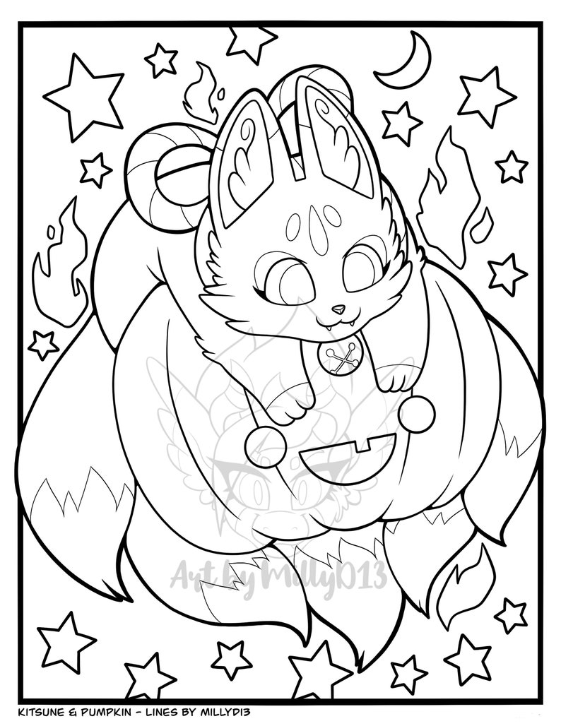 Kitsune & Pumpkin Printable Coloring Page for Kids Teens - Etsy