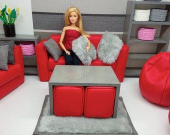 Handmade doll furniture 1:6 scale, sofa, couch, armchair, living room, doll house, wooden furniture, bookcase, shelf, carpet, pillow