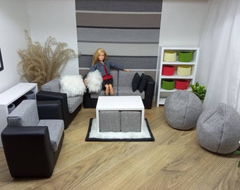 Handmade doll furniture 1:6 scale, sofa, couch, armchair, living room, doll house, wooden furniture, bookcase, shelf, carpet, pillow