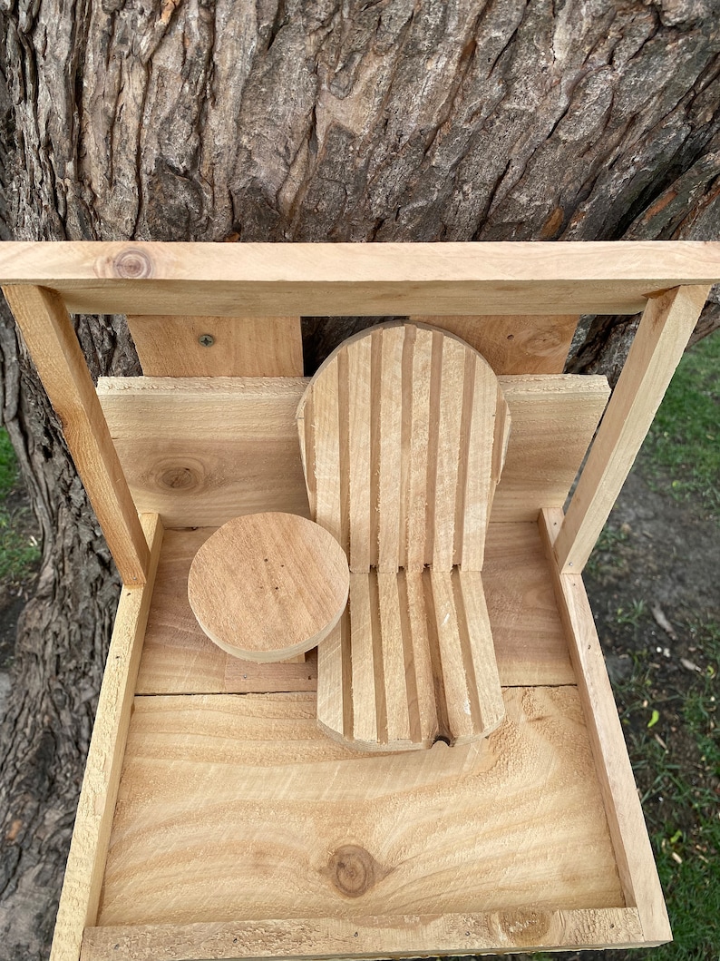 May include: A wooden bird feeder with a small, round perch and a larger, slatted perch. The feeder is mounted on a tree trunk.