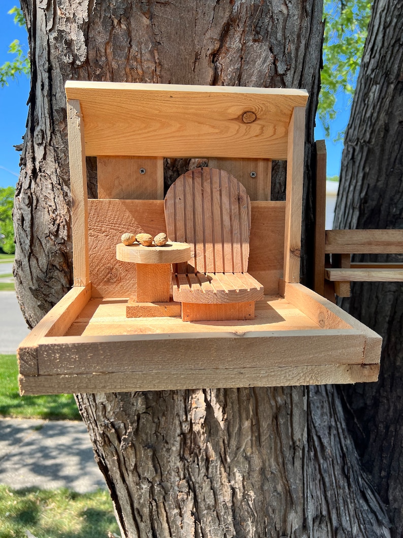 May include: A wooden bird feeder with a small wooden chair and table attached to it. The feeder is mounted on a tree trunk. There are a few nuts on the table.