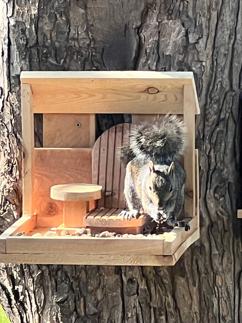 May include: A gray squirrel sits on a wooden bird feeder with a small wooden chair and a round wooden platform. The feeder is attached to a tree trunk.