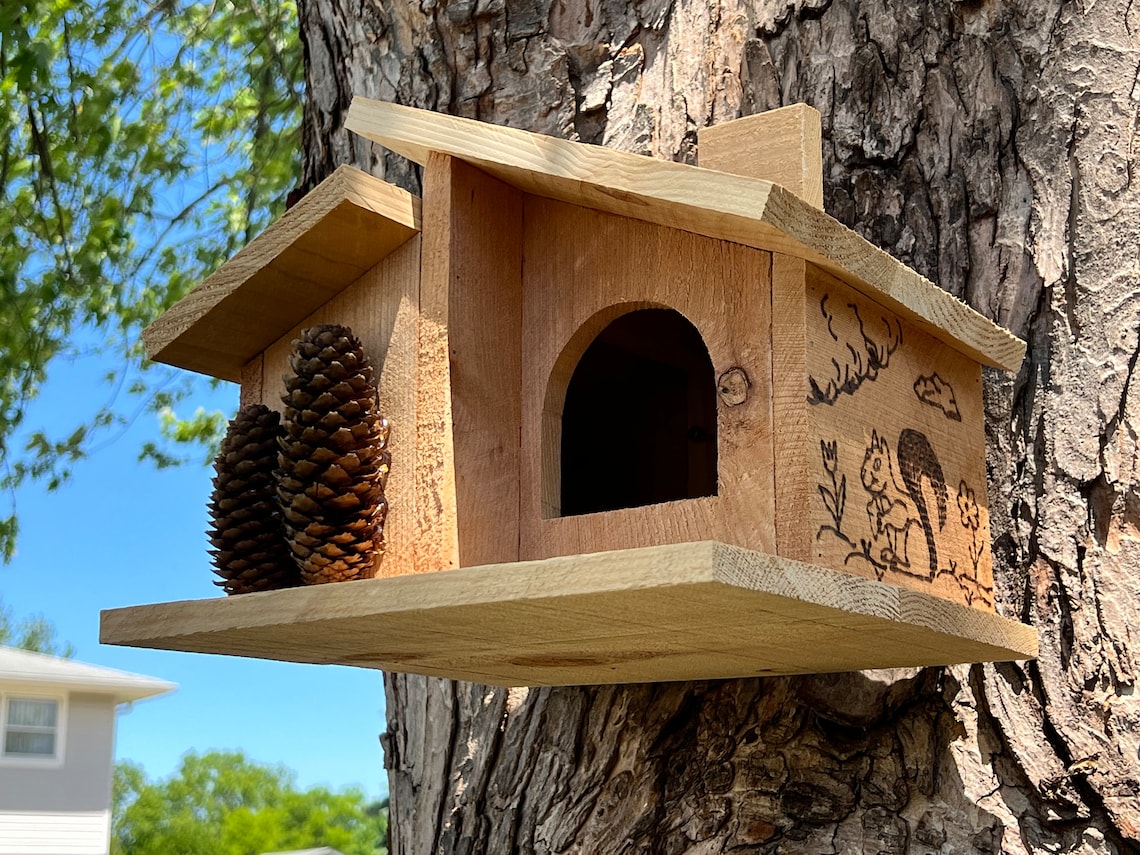 May include: A wooden birdhouse with a brown roof and a brown squirrel design on the front. The birdhouse has a small opening for birds to enter and a small platform for birds to perch on. The birdhouse is attached to a tree trunk.