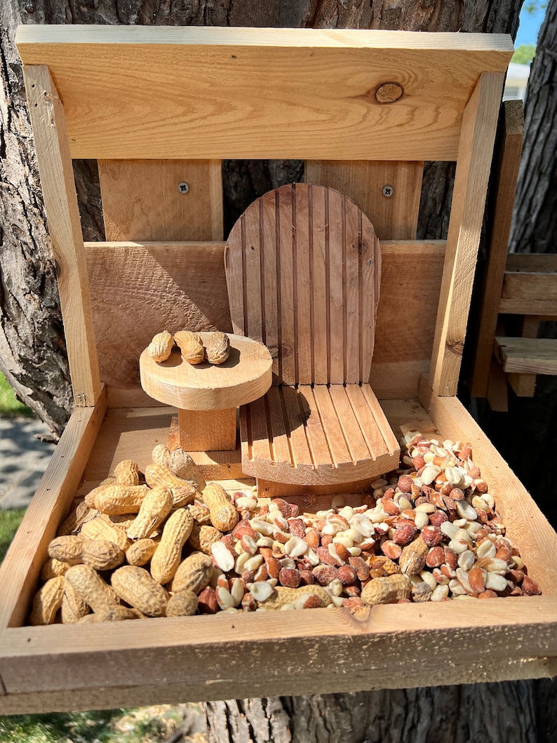 May include: A wooden bird feeder with a small wooden chair and table inside. The feeder is filled with peanuts and peanut shells.
