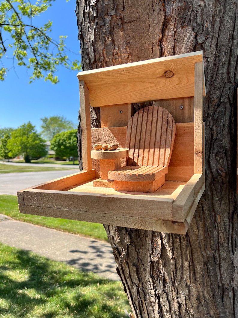May include: A wooden bird feeder with a small chair and a tray for food. The feeder is attached to a tree trunk.