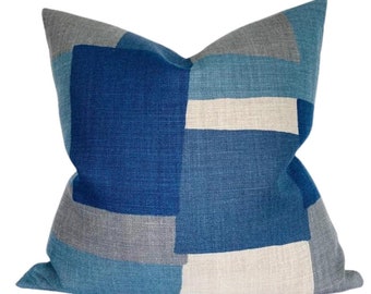 Collage Kissen Bezug in Indigo Grau, Designer Dekokissen, Peter Dunham Textiles