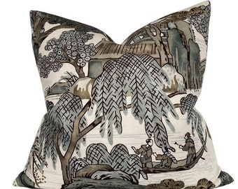 Asian Scenic Pillow Cover in Grey, Designer Pillow Covers, Decorative Pillows