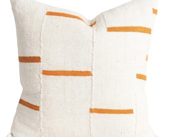 Dashes MudCloth Pillow Cover in Tangerine on Ivory, Authentic Mudcloth Pillow Cover Designer Pillow Covers, Decorative Pillows