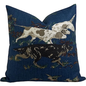 Pointers Best Friends Dog Pillow Cover in Indigo Blue, Designer Pillow Covers, Decorative Pillows, F Schumacher Textiles