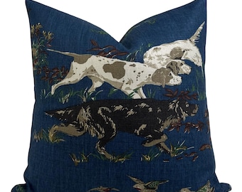 Pointers Best Friends Dog Pillow Cover in Indigo Blue, Designer Pillow Covers, Decorative Pillows, F Schumacher Textiles