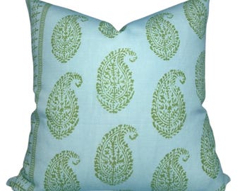 Kashmir Paisley Pillow Cover in Green + Blue, Designer Decorative Pillows, Peter Dunham Textiles - Indoor Outdoor Pillows