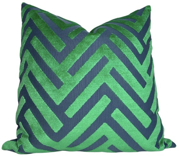 Emerald Green Chevron Velvet Pillow Cover, Maze Velvet Pillow, Designer Pillow Covers, Decorative Pillows, Luxe Velvet