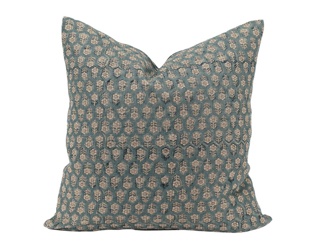 Tulsi Floral Pillow Cover in Teal Blue, Designer Pillow Covers
