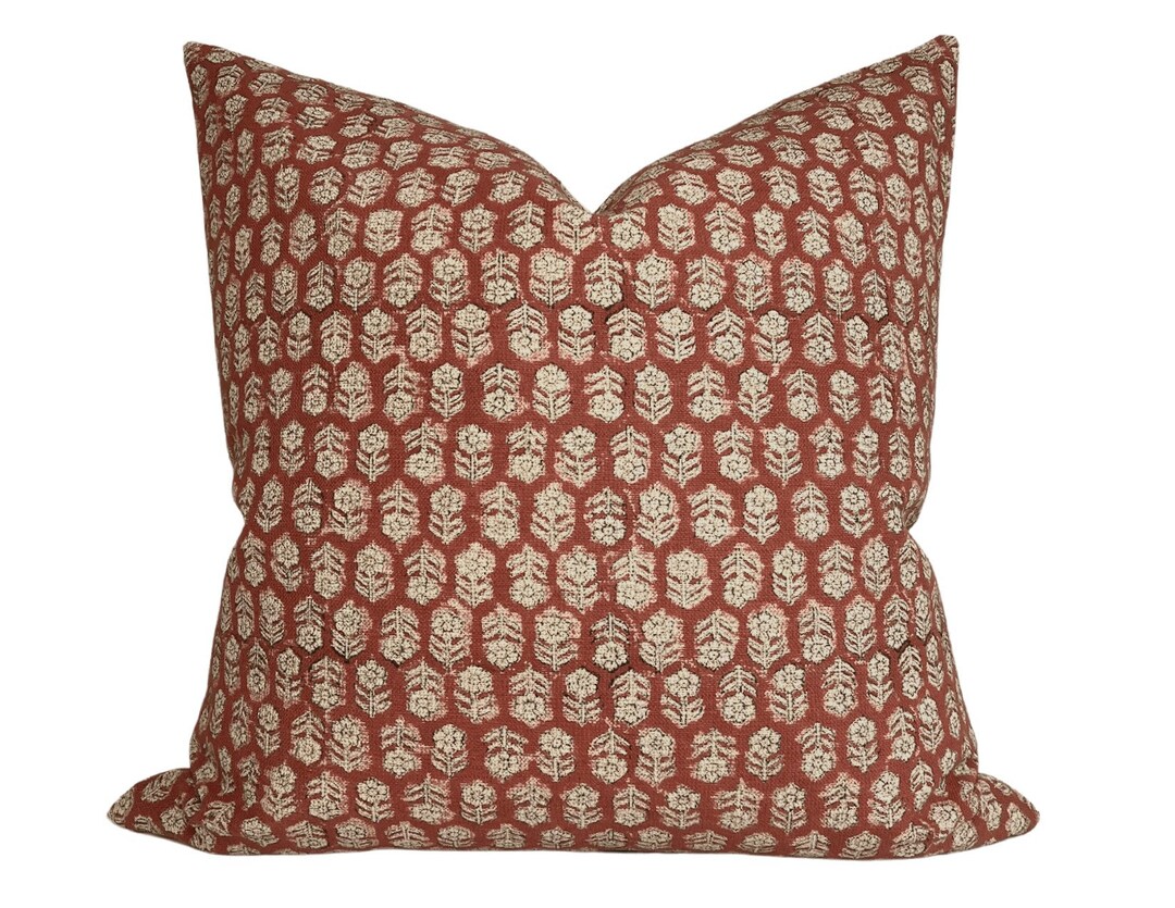 Tulsi Floral Pillow Cover in Saffron Red, Designer Pillow Covers