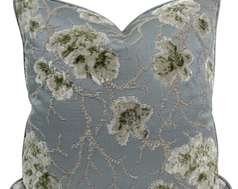 Cherry Blossom Velvet Pillow Cover in Blue/Green, Designer Pillow Covers, Decorative Pillows, Luxe Velvet