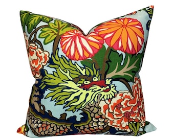 Chiang Mai Dragon Floral Pillow Cover in Aqua, Designer Decorative Pillows, Schumacher Pillows, Indoor Outdoor Pillows