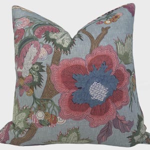 Puede incluir: Un cojín cuadrado con fondo azul claro y un patrón floral a gran escala. El diseño incluye flores prominentes de color rojo y rosa con centros azules, hojas verdes y ramas marrones, todo representado en un estilo de estampado detallado.