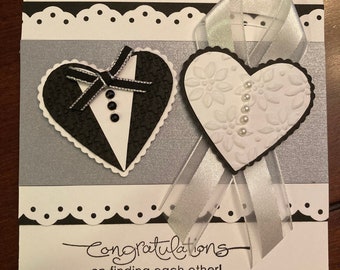 Wedding Congratulations Black and White theme, Bride & Groom Hearts handmade card