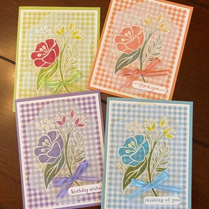 Handmade Embossed Flower Card Set: Gingham & Vellum - Customizable Sentiments