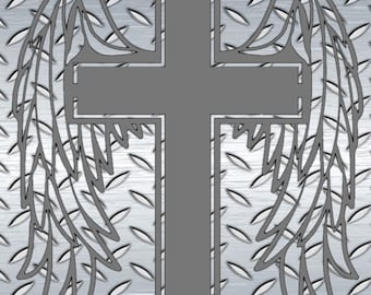 May include: A gray metal cross with wings on either side. The cross and wings are outlined in black and set against a silver background.