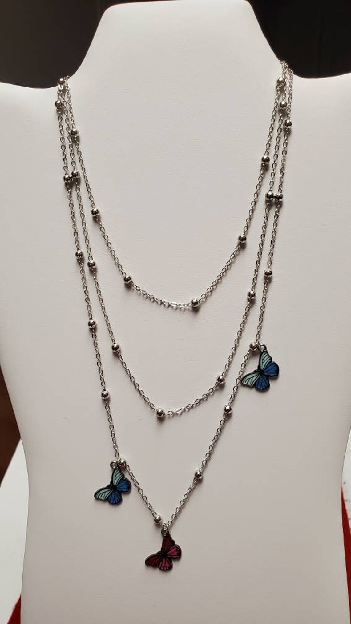 Beaded Multilayer Butterfly Necklace Silver Necklace Etsy