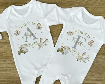 Personalised Born in 2024 Baby Vest - Safari Baby Sleepsuit - Personalised Baby Vest - New Baby Gift - Baby Boy - Baby Announcement Vest