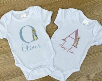 Personalised Rabbit Baby Grow - New Baby Gifts - Baby Announcement - Easter Outfit - Personalised Easter Gift - Baby Initial Vest