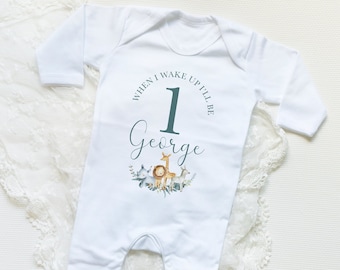 Personalised When I Wake Up I Will Be 1 Pyjamas - First Birthday Sleep Suit - 1st Birthday Outfit - 1st Birthday Pyjamas - Safari Pyjamas