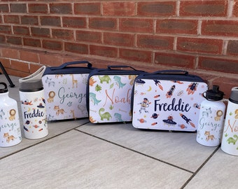 Personalised Lunch Box & Water Bottle Set - Kids Lunch Bag - Boys Lunch Box - Kids Water Bottles - Dinosaur Lunch Box - Space Lunch Box