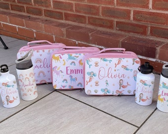 Gepersonaliseerde Lunch Box & Water Bottle Set - Kids Lunch Bag - Girls Lunch Box - Kids Water Bottles - Mermaid Lunch Box - Unicorn Lunch Box