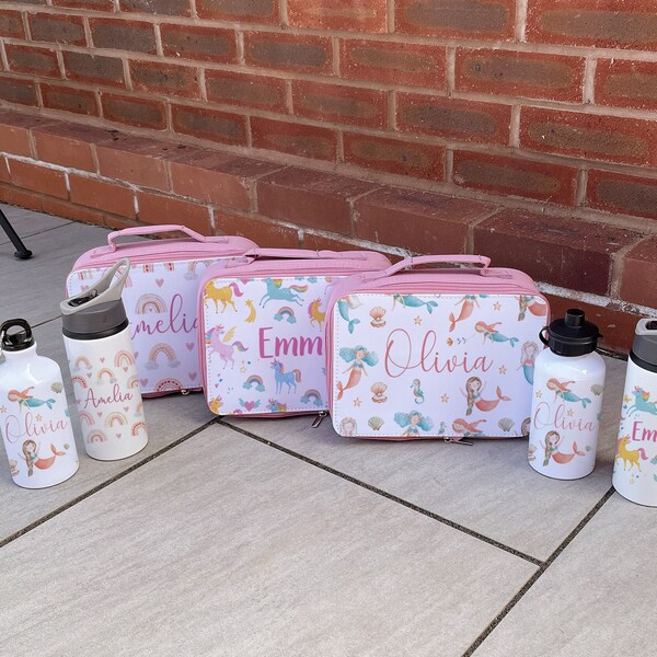 Personalised Lunch Box & Water Bottle Set - Kids Lunch Bag - Girls Lunch Box - Kids Water Bottles - Mermaid Lunch Box - Unicorn Lunch Box