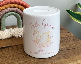 Personalised Swan Money Box - Personalised Money Box - Swan Money Box - Swan Nursery Decor - New Baby Gift - Baby Girl Gifts - Pink Nursery