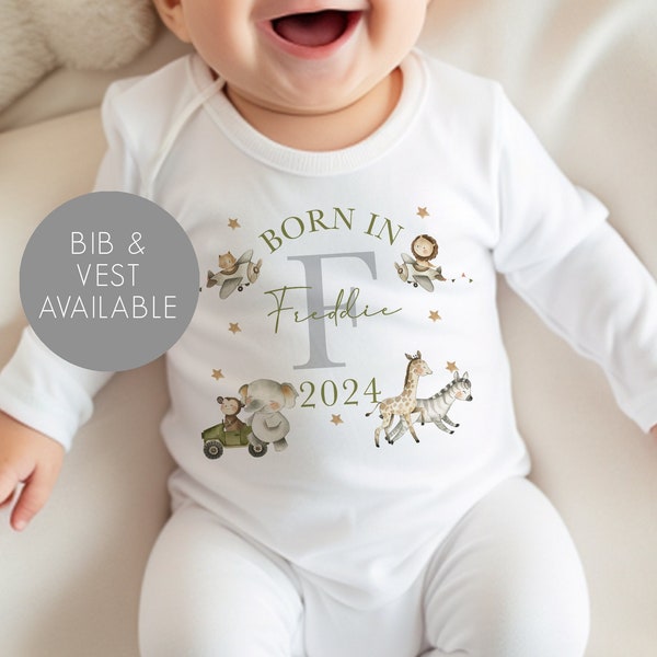 Personalised Born in 2024 Baby Vest - Safari Baby Sleepsuit - Personalised Baby Vest - New Baby Gift - Baby Boy - Baby Announcement Vest