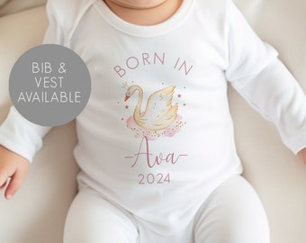 Personalised Born in 2023 Baby Vest - Swan Baby Sleepsuit - Personalised Baby Vest - New Baby Gift - Baby Girl - Baby Announcement Vest