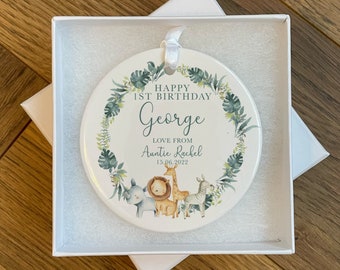 Personalised First Birthday Ornament - 1st Birthday Gifts - First Birthday Gift - 1st Birthday Girl - 1st Birthday Boy - Keepsake - Jungle