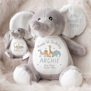 Elefante personalizzato per il primo compleanno - Giocattolo per bambini personalizzato - Regalo per il primo compleanno - Elefantino - Per ragazzo - Per ragazza - Orsacchiotto della giungla