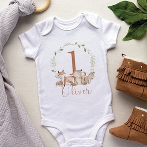Personalised 1st Birthday Baby Outfit Baby Boy First Birthday Baby Grow Woodland Baby Vest Woodland Nursery Decor 1st Birthday Gifts image 1