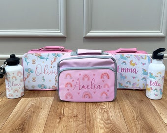 Lonchera personalizada y juego de botellas de agua - Bolsa de almuerzo para niños - Lonchera para niñas - Botellas de agua para niños - Lonchera de sirena - Lonchera de unicornio