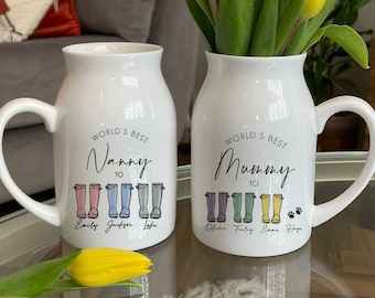 Personalised Mother's Day Welly Boot Jug - Ceramic Vase - For Nanny, Grandma Nan