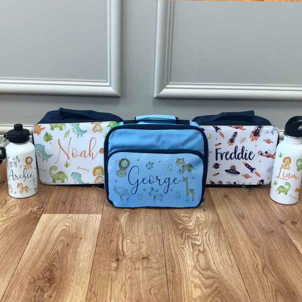 Personalised Lunch Box & Water Bottle Set - Kids Lunch Bag - Boys Lunch Box - Kids Water Bottles - Dinosaur Lunch Box - Space Lunch Box