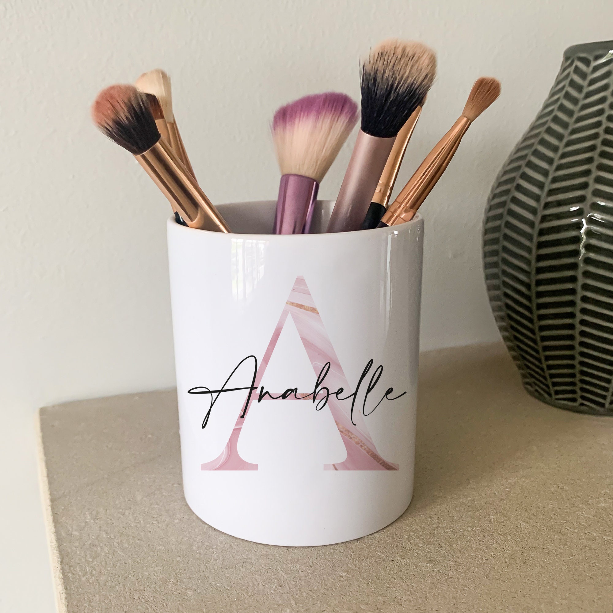 Personalised Make Up Brush Holder Pink Marble Make Up Brush Holder Personalised Pen & Pencil