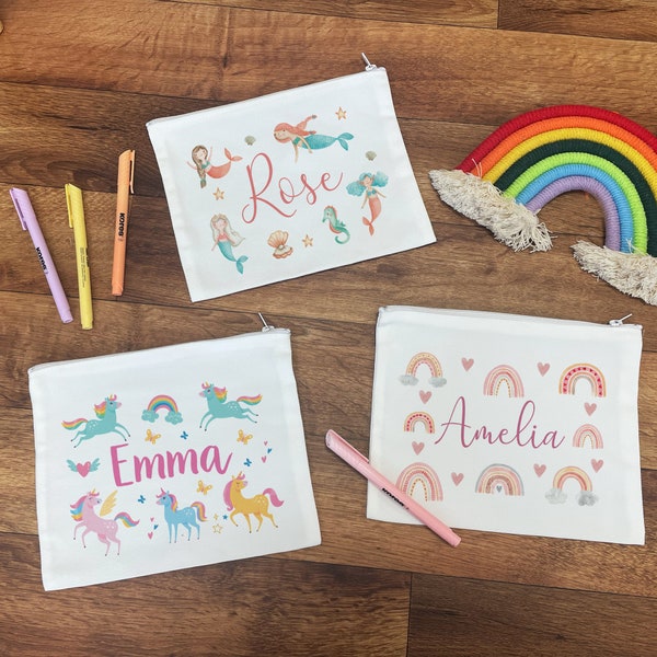 Personalised Girls Pencil Case - School Pencil Case - Kids Pencil Cases - Back to School - School Bag - Mermaid - Unicorn - Rainbows - Fairy