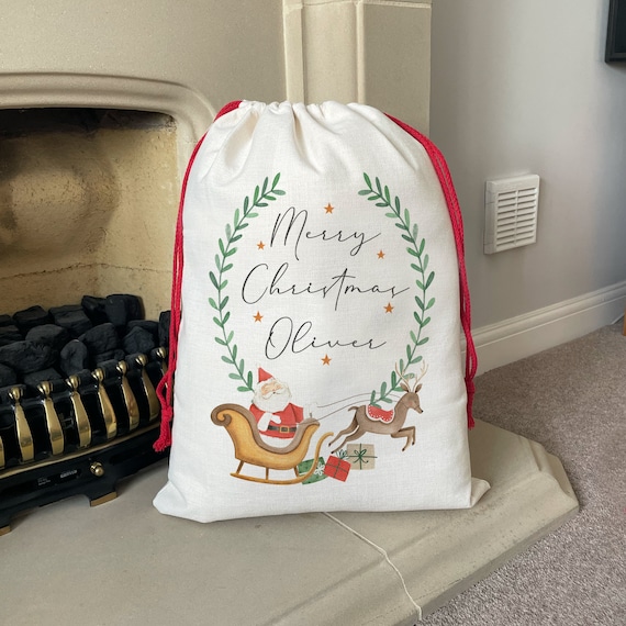 Personalised Linen Christmas Sack – Santa's Sleigh Design