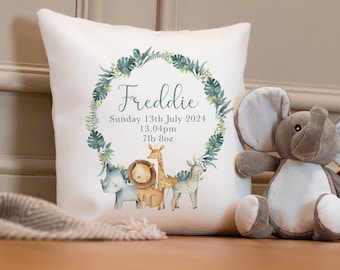 Personalised New Baby Cushion - Jungle Nursery Cushion - Personalised Boy's Cushion - Lion Cushion - Personalised Baby Boy Gift - Lion Decor
