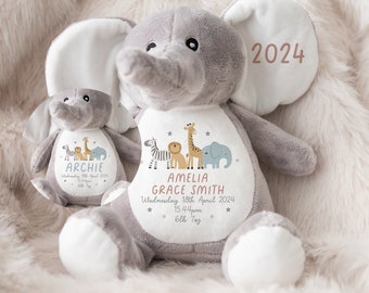 May include: A gray plush elephant stuffed animal with a white patch on its chest. The patch has a design of a zebra, lion, giraffe, and elephant. The text on the patch reads "Amelia Grace Smith, Wednesday 18th April 2024, 15.44pm, 6lbs 7oz". The elephant's ear has a pink patch with the text "2024".