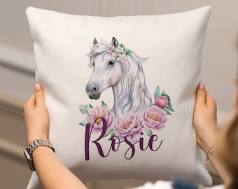 Personalised Horse Pillow – Floral Girl's Room Decor - Horses Gifts