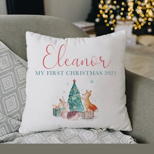 Personalised Cushion Cover Baby's First Christmas 2017 Santa and Snowman 