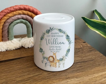 Personalised First Birthday Money Box - 1st Birthday Gifts - First Birthday Gift - 1st Birthday Girl - 1st Birthday Boy - Jungle Money Box