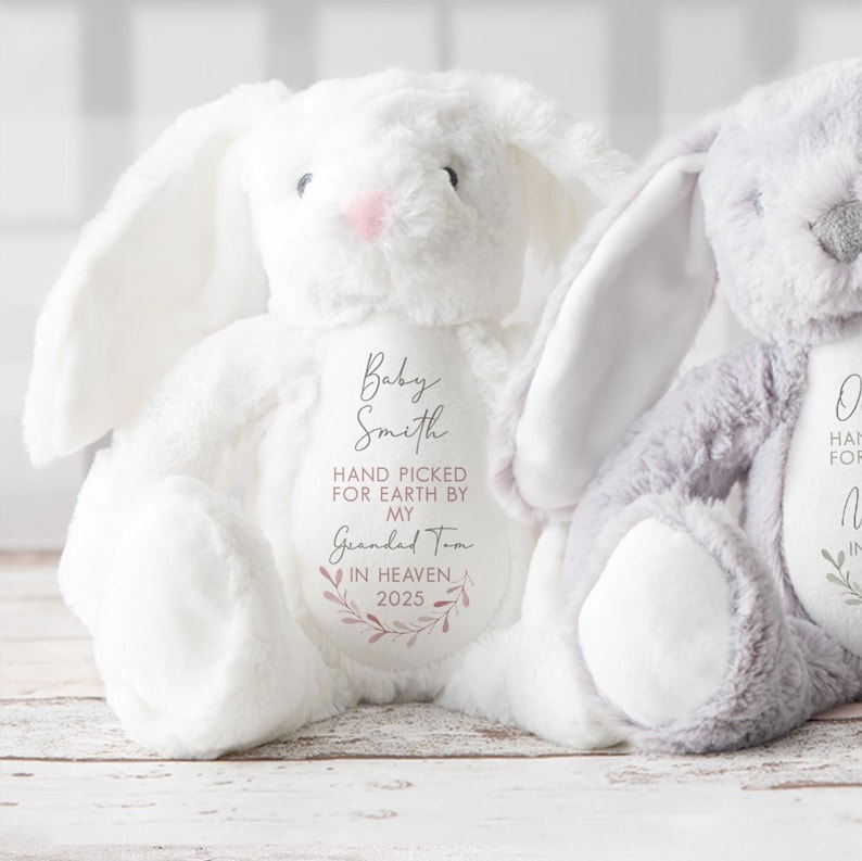 May include: White plush bunny with a pink nose and a personalized message that reads "Baby Smith Hand Picked for Earth by My Grandad Tom In Heaven 2025".